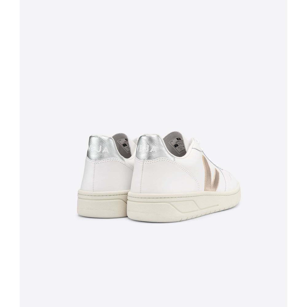 Women's Veja V-10 LEATHER Sneakers White/Silver | SG 650DFM